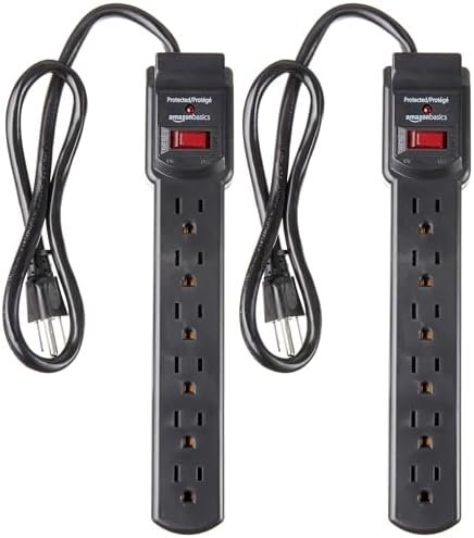 Amazon Basics 6-Outlet, 200 Joule Surge Protector Power Strip, Pack of 2, Rectangle, 2 Foot, Black