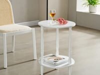 Device Bas with BROWN ART SHOPPEE Round Side Table, 2-Tier End Tables For Small Spaces, Wooden Coffee Side Table & Sofa Side Table With Wood Legs (White)