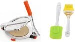Eazy sales Kitchen Manual Stainless Steel Puri Maker Press Machine with Handle Roti Maker, Papad/Khakhra/Puri/Chapati Maker with Big Spatula and Oil Brush Set of 1(Premium Edition)
