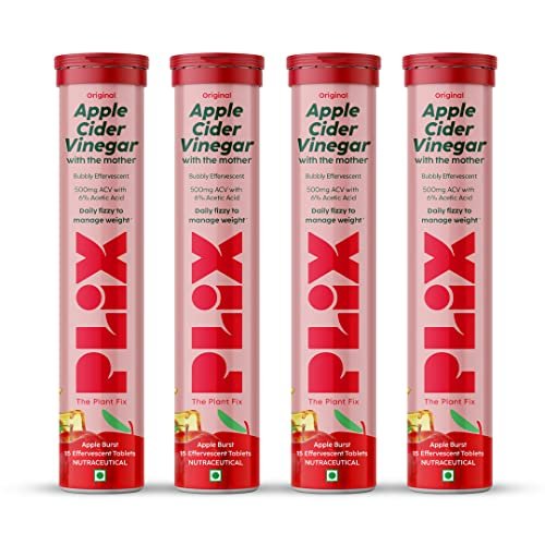 PLIX - THE PLANT FIX Apple Cider Vinegar 15 Effervescent Tablet, ACV with mother for weight loss and easy digestion, vitamin B6 & B12, Pack of 4 (Apple), 100% vegan, Easy to carry & consume