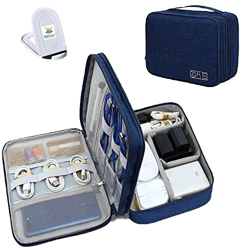 Seagull Flight Of Fashion Double Layer Electronic Gadget Organizer Case , Cable Organizer Bag for Accessories with Mobile Stand - 27 X 20 X 9 cm - Navy Blue - Model 1