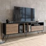 TEKAVO 180cm Engineered Wood TV Stand with Metal Legs Stylish Media Console for Up to 75-inch TVs in Black & Walnut Finish