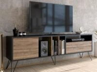TEKAVO 180cm Engineered Wood TV Stand with Metal Legs Stylish Media Console for Up to 75-inch TVs in Black & Walnut Finish