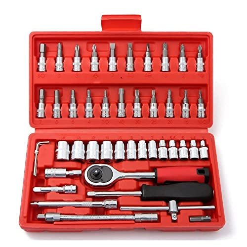 YWHWXB 46 Pieces Mechanic Tool Kit 1/4ââ‚¬Â Dr. Ratchet Socket Wrench Set with Storage Case, Includes Bit Sockets and Extension Bar