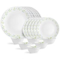 Cello Opalware Dazzle Series Tropical Lagoon Dinner Set, 18 Units | Light-Weight, Daily Use Crockery Set for Dining | White Plate and Bowl Set