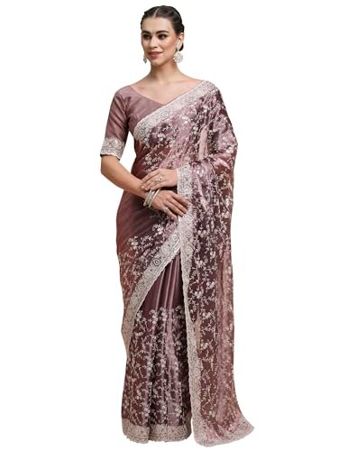 AKHILAM Women's Organza Embroidered Saree With Unstitched Blouse Piece