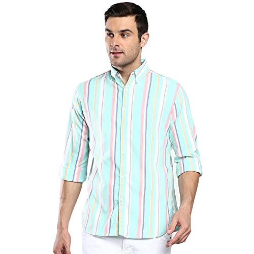 Dennis Lingo Men's Striped Slim Fit Oxford Cotton Casual Shirt with Button Down Collar & Full Sleeves