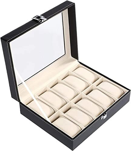 Zephorus 10 Slots Stylish New Watch Box Case Organizer PU Leather Wrist Watch Display Box Storage Holder Watch Pillows Gift for Loved Synthetic Leather Jewelry Glass Display Luxury Best Watch Box