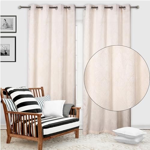 GRIHSHOBHA Heavy Velvet Embossed Room Darkening Window Room Darkening Thermal Insulated Window Door Curtains Parde for Bedroom, Living Room, 6 Feet, Cream, Set of 2