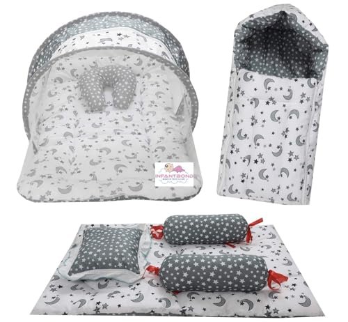 Infantbond Designer Mattress with Net | Baby Sleeping Bag | Carry Bed (0-6 Months) (Moon Grey(N,S))