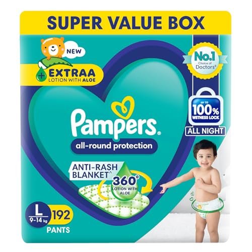 Pampers All Round Protection Pant Style Baby Diapers, Large (L), 192 Count, 9-14kg, Anti Rash Blanket, Lotion with Aloe Vera Diapers