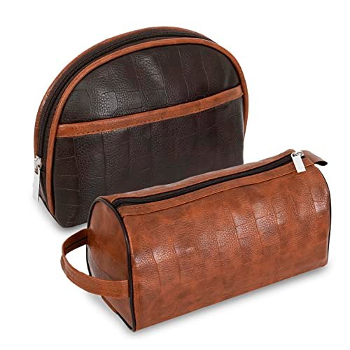 SNDIA 2-Set PU Leather Toiletry Travel Bags for Men and Women, Shaving Kit Bag, Makeup Cosmetic Pouch for Women and Men (Him & Her) Brown (18CM x 23CM x 7CM) - (24 CM x 15CM x 10CM)