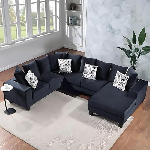 groovecraft Kinsella 6 Seater U-Shape Sectional Sofa Chaise Lounge & Pillows for Living Room (Black)