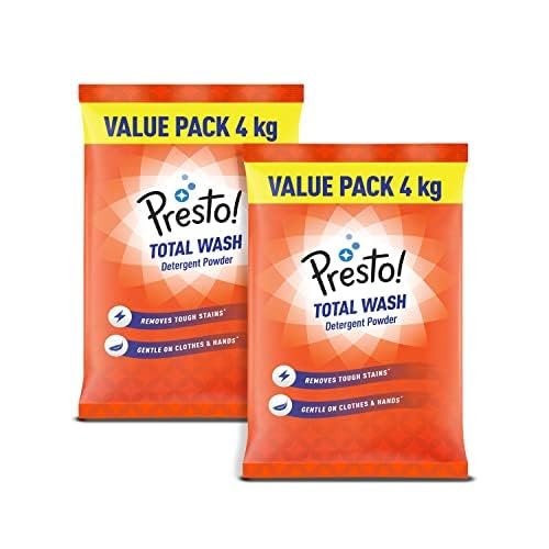 Amazon Brand - Presto! Total Wash Detergent Powder Twin Pack (4 kg + 4 Kg) |Tough on Stains | Safe and Gentle on Fabrics | Refreshing Floral Fragrance | Machine and Hand Wash