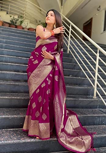 C J Enterprise Women's Banarasi Saree Pure Kanjivaram Silk Saree Soft Design Wear Pattu Sarees Latest Cotton With Blouse Piece Kanchipuram for Wedding sadi new ladies 2023 (Pari122 Wine)