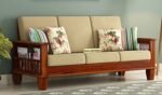 Home furniture Wooden 3 Seater Sofa Set for Living Room and Office (Cream Colour Cushion,Teak Finish) 3-Person Sofa