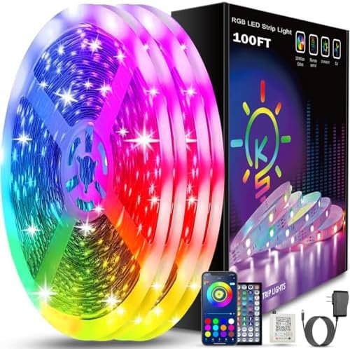 Keepsmile 100ft Led Strip Lights (2 Rolls of 50ft) Bluetooth Smart App Control Music Sync Color Changing RGB Led Light Strip with Remote,Led Lights for Bedroom Room Home Decor Party Festival