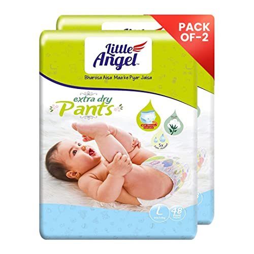 Little Angel Extra Dry Baby Pants Diaper, Large (L) Size, 96 Count, Super Absorbent Core Up to 12 Hrs. Protection, Soft Elastic Waist Grip & Wetness Indicator, Pack of 2, 48 count/pack, 8-14kg