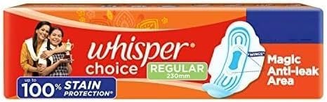 WHISPER CHOICE SANITARY PADS, 20 REGULAR PADS, UPTO 100% STAIN PROTECTION ALL DAY, WITH MAGIC ANTI LEAK AREAS, DRY TOP SHEET, WITH WINGS, DISPOSABLE PADS, For Women