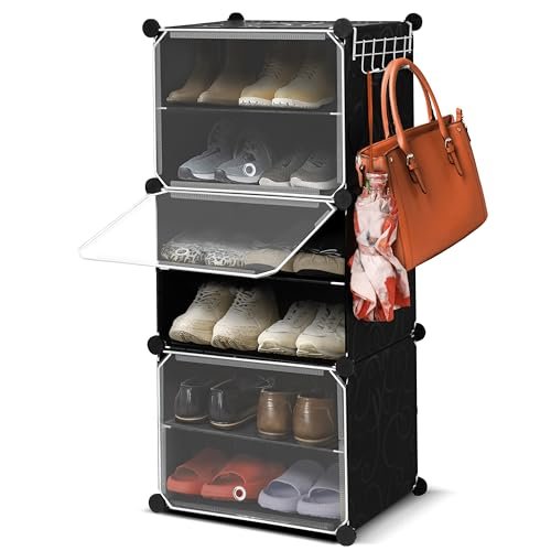 ABOUT SPACE Shoe Rack Organizer - 6 Layer Shoe Stand with Hanger & Door for Home - DIY 12 Pair Portable, Expandable 3 Cube Shoe Stand for Boots, Heels, Slipper Stand for Women Men (Black) Plastic