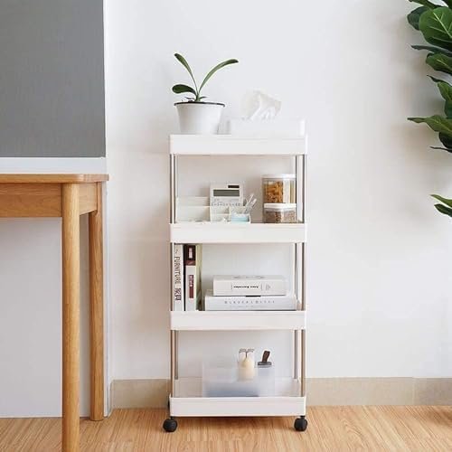 Aexoniz 4-Tier Space Saving Storage Rack Organizer Multifunctional Plastic Kitchen cart Trolley Storage Rack Bathroom Storage Rack with Wheel(White, 4 Layer)