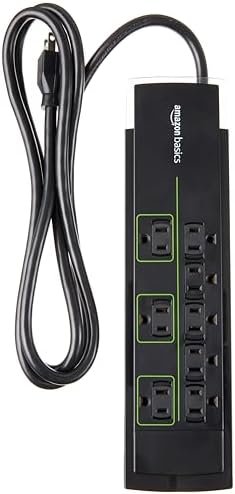 Amazon Basics Rectangular 8-Outlet Power Strip Surge Protector, 4,500 Joule - 6-Foot Cord, Black/Green