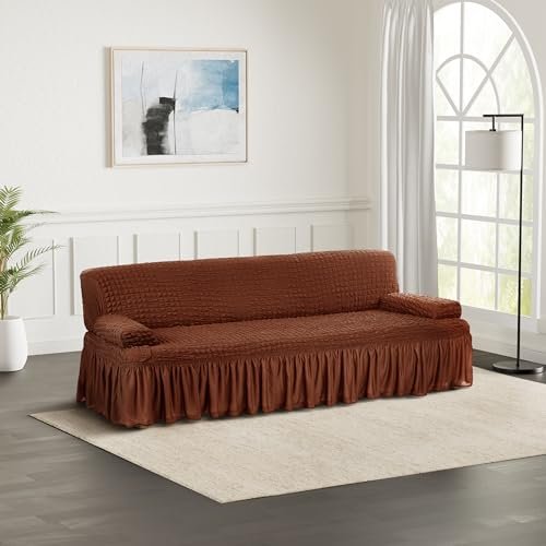 Amazon Brand - Solimo Bubble Sofa Cover with Skirt Polyester and Spandex Fabric | Three Seater (Brown)