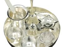 BENGALEN Silver Plated Pooja Thali Set with 5 inch Plate Bowls Glass Spoon ghanti agarbatti Stand Diya kumkum Stand Daily Puja Decorative Home Office Wedding Return Gift Items