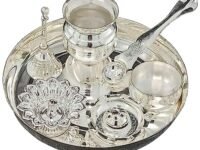 BENGALEN Silver Plated Pooja thali Set 7 Inch Festival Ethnic Puja Thali Items for Diwali Daily Home Mandir Office Wedding Return Gift