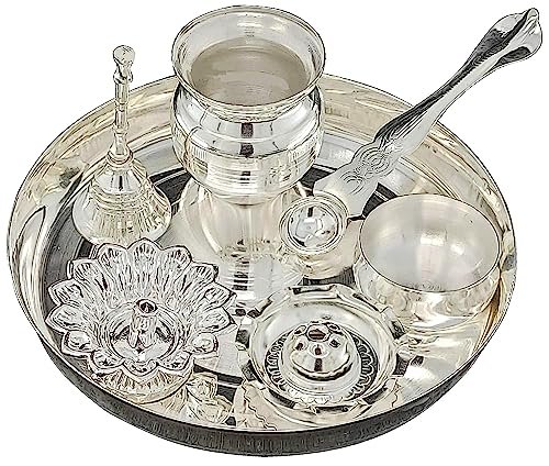 BENGALEN Silver Plated Pooja thali Set 7 Inch Festival Ethnic Puja Thali Items for Diwali Daily Home Mandir Office Wedding Return Gift