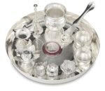 BENGALEN Silver Plated Pooja thali Set with 8 Inch Plate Kalash Bowl Agarbatti Stand Palli Diya Kumkum Stand Coin Ghanti Puja Thali for Diwali Home Mandir Office Wedding Return Gift Items