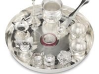 BENGALEN Silver Plated Pooja thali Set with 8 Inch Plate Kalash Bowl Agarbatti Stand Palli Diya Kumkum Stand Coin Ghanti Puja Thali for Diwali Home Mandir Office Wedding Return Gift Items