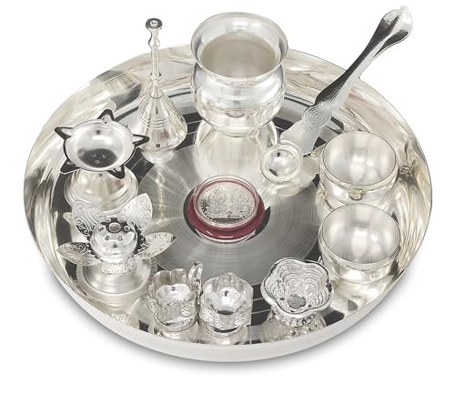 BENGALEN Silver Plated Pooja thali Set with 8 Inch Plate Kalash Bowl Agarbatti Stand Palli Diya Kumkum Stand Coin Ghanti Puja Thali for Diwali Home Mandir Office Wedding Return Gift Items