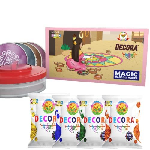 COCK BRAND Decora Magic Rangoli Maker for Navratri Pongal Diwali Pooja Mandir Design Rangoli Powder Colours with 4 Assorted Rangoli Pouches, 4 Stencils and 1 Magic Rangoli Maker (Magic Rangoli Maker)