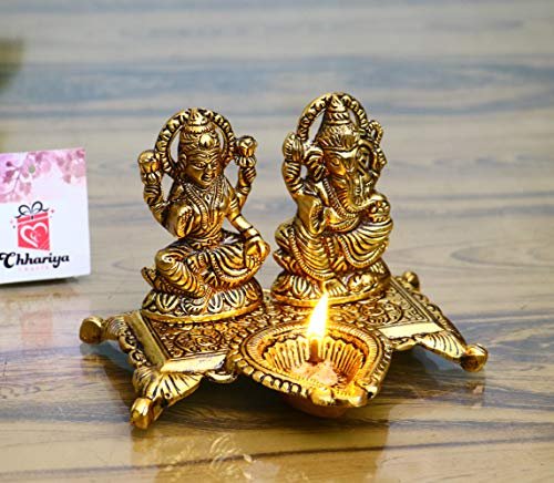 Chhariya Crafts Lakshmi Ganesha with Diya Statue Idol Murti in Metal Decorative Showpiece - 15 cm (Metal, Gold)