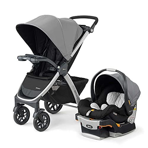 Chicco Baby Travel System with Car seat Carrier+ One Hand Fold+ UPF Rated Canopy+Large Storage Basket|0 to 5 Years |Bravo Trio Travel System Camden USA