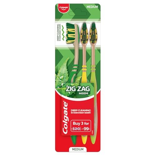 Colgate Manual Zigzag Neem Medium Bristle Toothbrush - 3 Pcs, Soft-Tongue Cleaner, Mullti-Angled Cross Bristles, Adult, Multicolor