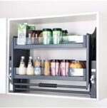 DBR Modular Kitchen Storage Rack Lift Basket Elevator Glass Finished Pull Down Two Tier Shelf Unit for Cabinet Width 60 CM (Dark Gray)