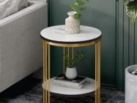 Dime Store Metal Double Top Side Table, End Table for Living Room Coffee Snack Table for for Living Room Bedroom | Night Stand Table for Bedroom Furniture (Golden & White)