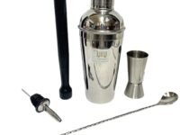 Dynore Stainless Steel 5 Pcs Professional Bar Set- Cocktail Shaker, Tall Peg Measure, Teardrop Bar Spoon, Wine Pourer, PVC Muddler Black