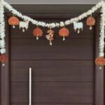 GIFT JAIPUR Handcrafted Radhe Krishna Pink Lotus Cow Pichwai Style (Tl-02) Bandarwal Thoran Door Hanging - Diwali New Year Inauguration Wedding Festival Home Decor Pooja (40 Inch X 15 Inch)