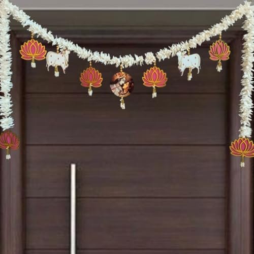 GIFT JAIPUR Handcrafted Radhe Krishna Pink Lotus Cow Pichwai Style (Tl-02) Bandarwal Thoran Door Hanging - Diwali New Year Inauguration Wedding Festival Home Decor Pooja (40 Inch X 15 Inch)