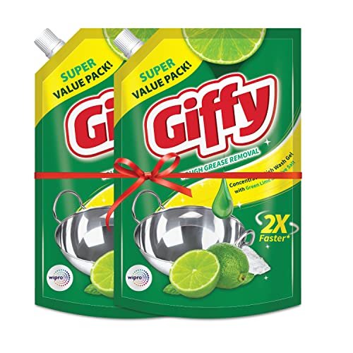 Giffy Concentrated Liquid Dish Wash Gel 900ml Pack of 2 with Active Salt & Lime| 2x Faster Tough Grease Removal & Mild Fragrance| Removes Tough Malodour| Leaves No White Residue| Hand-Safe