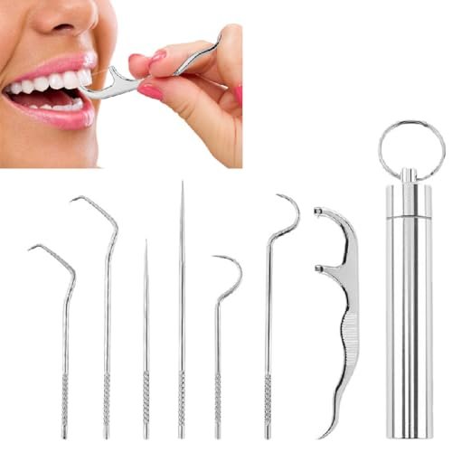 Gozaqe Teeth Cleaning Tool,7 Pcs Stainless Steel Dental Floss Toothpicks Set With Aluminum Tube,Portable Toothpicks Cleaning Picks Flosser For Personal Care Teeth Braces Cleaning Tools