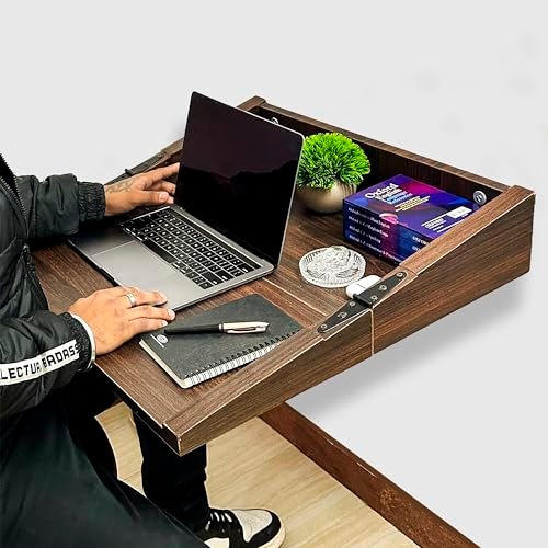 HIND INTERIORS Wall Mounted Folding Study Table (Not Engineered Wood) Wooden Table with Storage | Walnut Foldable Table for Home Office, Students, Laptop, Adults, Kids (Water & Termite Resistant)
