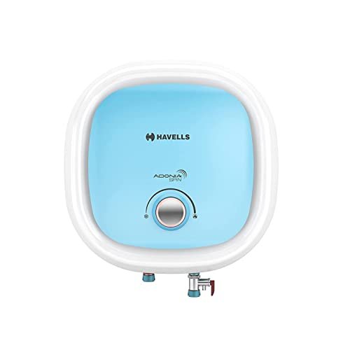 Havells Adonia Spin 15 Litre Storage Wall Mount Water Heater|Temp Sensing Led Knob,Feroglass Coated Tank|Warranty: 7 Year On Tank,With Shock Safe Inline Elcb,Free Flexi Pipe&Installation|(White Blue)