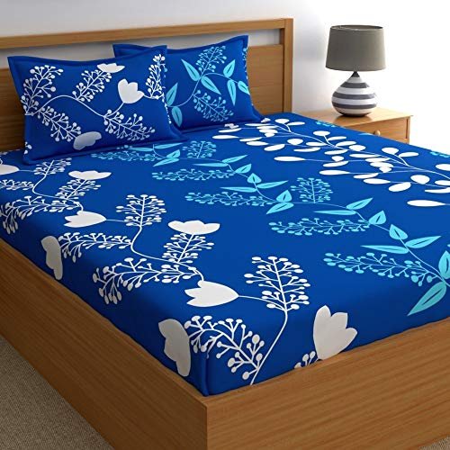 Home Ecstasy 100% Cotton King Bedsheet with 2 Pillow Covers, 140TC Cotton Floral Blue Bedsheet for King Bed (9ft X 9ft)