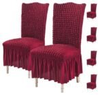 House of Quirk Polyester Turkish Bubble Frill Chair Cover Stretch Removable Washable Short Dining Chair Cover Protector Seat Slipcover (Maroon, Pack Of 6)