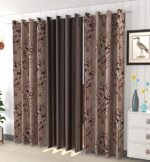 Impression Hut Long Crush Heavy Polyester Tree Printed + Plain Curtain for Long Door (Brown, 4 Feet x 8 Feet) - 3 Pieces, Blackout