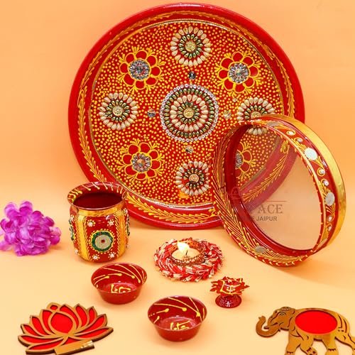 Jaipur Ace Karwa Chauth Traditional and Decorative Pooja Thali Set | Stainless Steel Thali Set | Lota, Kalash, Diya, and Bowls | Trafitional Poooja Thalis | Channi Lota Included (Pattern 10)